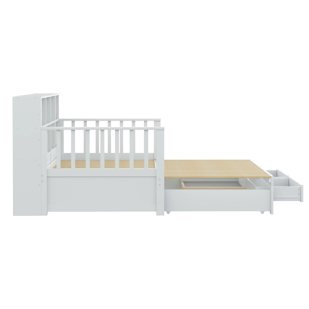 Letto estraibile matrimoniale 90×190 cm e 180×190 cm con cassetti; ripiani e presa; senza materasso; legno; bianco