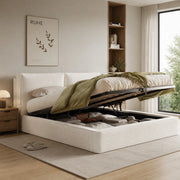 Letto imbottito con contenitore idraulico e testiera, 180x200 cm, bouclé beige