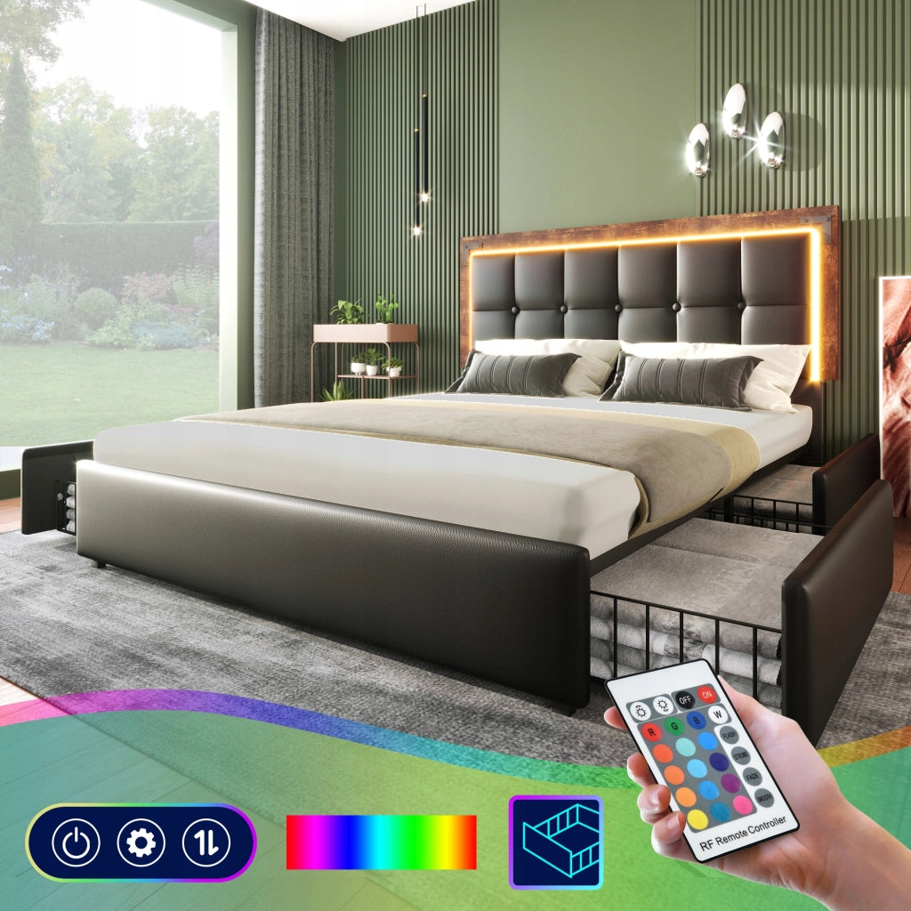 Letto imbottito 140x200 - Xylo - LED e 4 cassetti