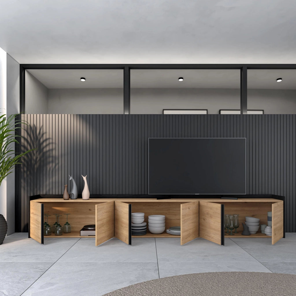 Mobile TV Soggiorno, 309x50x35 cm, Per TV fino a 80", Mobile Soggiorno, Rovere e nero