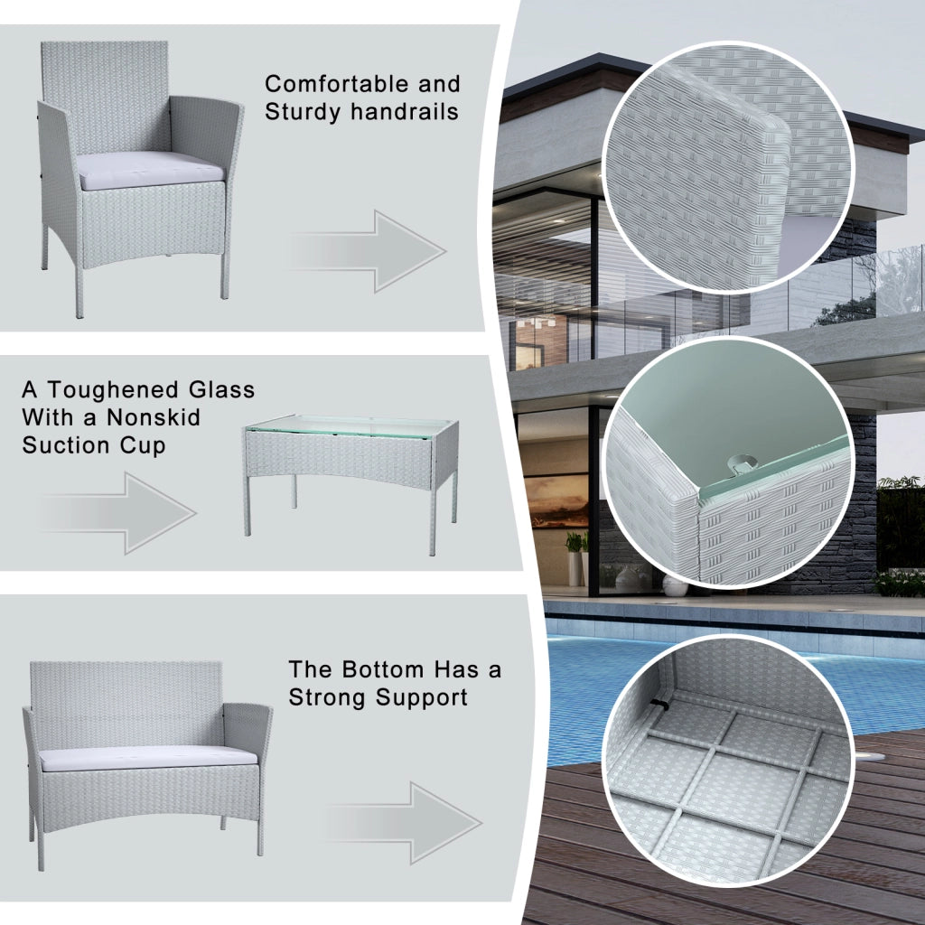 Set di mobili da giardino in polyrattan, grigio, 7 pezzi, con cuscino e tavolo, per esterni, giardino, terrazza
