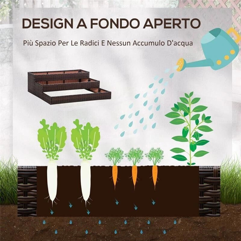 ORTO RIALZATO A 3 LIVELLI IN RATTAN SINTETICO SENZA FONDO PER PIANTE E VERDURE, 120X120X40CM, GRIGIO