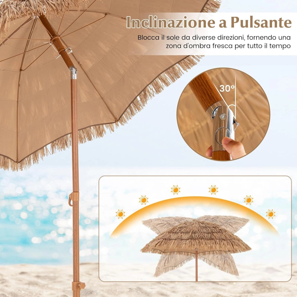 Ombrellone in Paglia PP da 200 cm, Ombrellone da Spiaggia Hawaiano con Inclinazione Regolabile, con Base Pieghevole, Borsa per il Trasporto, per Giardino Piscina