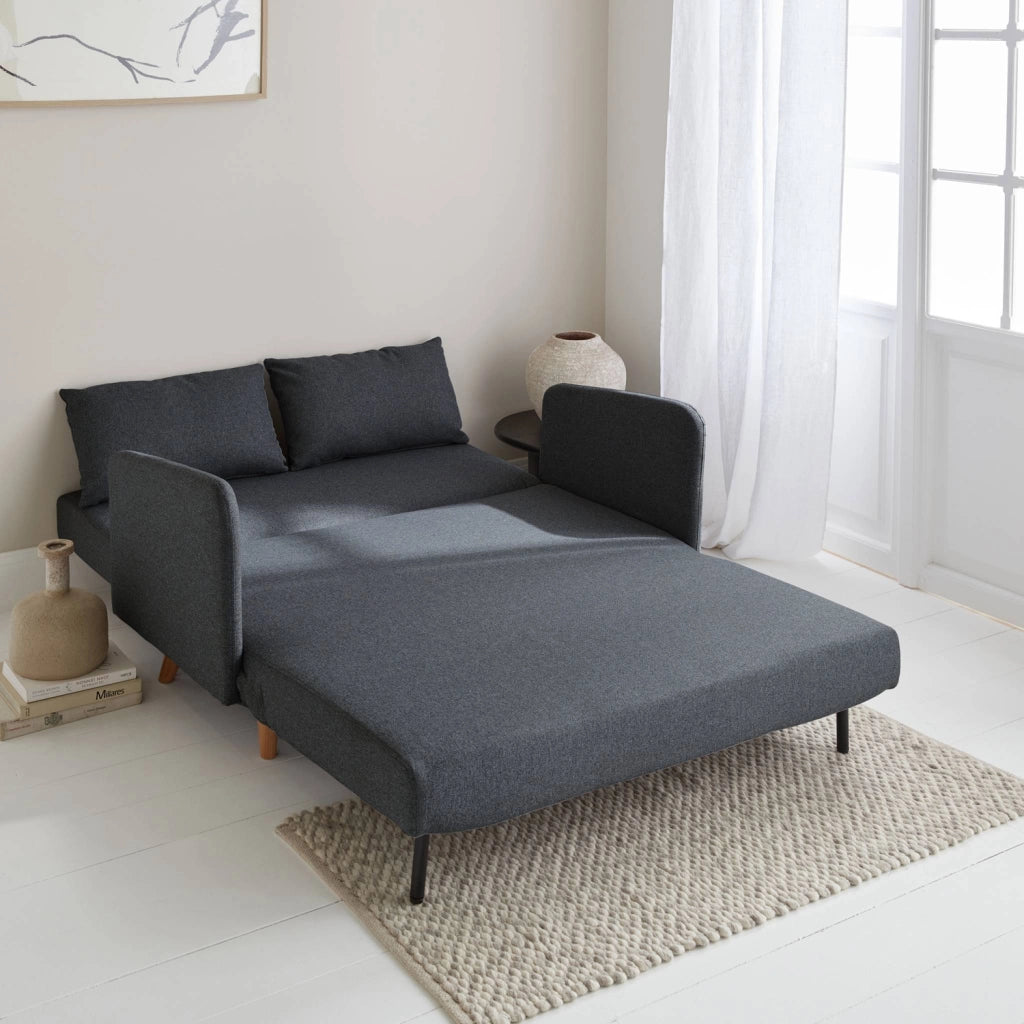 Divano letto clic-clac in tessuto con gambe in legno, 2 posti, grigio