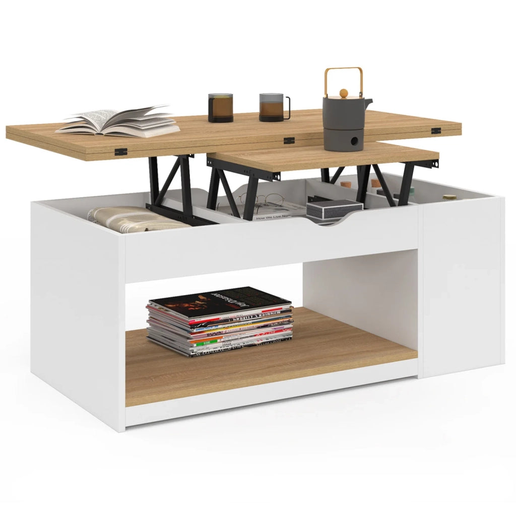 IDMarket - Tavolino rettangolare con piano sollevabile, trasformabile in tavolo da pranzo ELEA, 100 cm, legno bianco e impiallacciato faggi