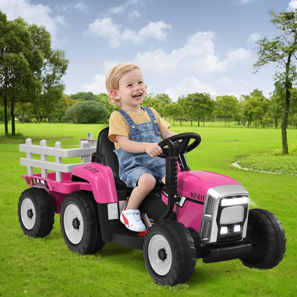 Trattore Elettrico per Bambini 12V con Rimorchio Rimovibile, Trattore Cavalcabile con Telecomando e Pedale Acceleratore, Veicolo con Multimedia, Clacson e Luci, Carico 30 kg (Rosa)
