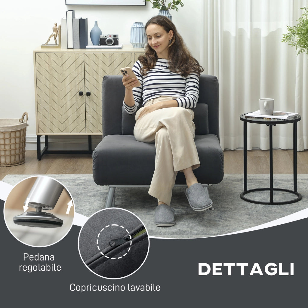 Poltrona Letto Singolo 3 in 1 75x70x75 cm in Tessuto Effetto Lino Grigio Scuro