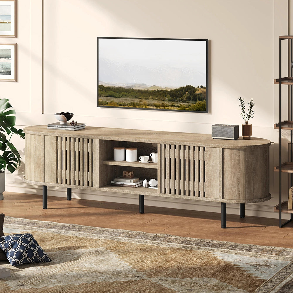 Mobile TV 160x40x47cm - Xylo - 2 Ante, Design Traforato, Colore Legno Naturale