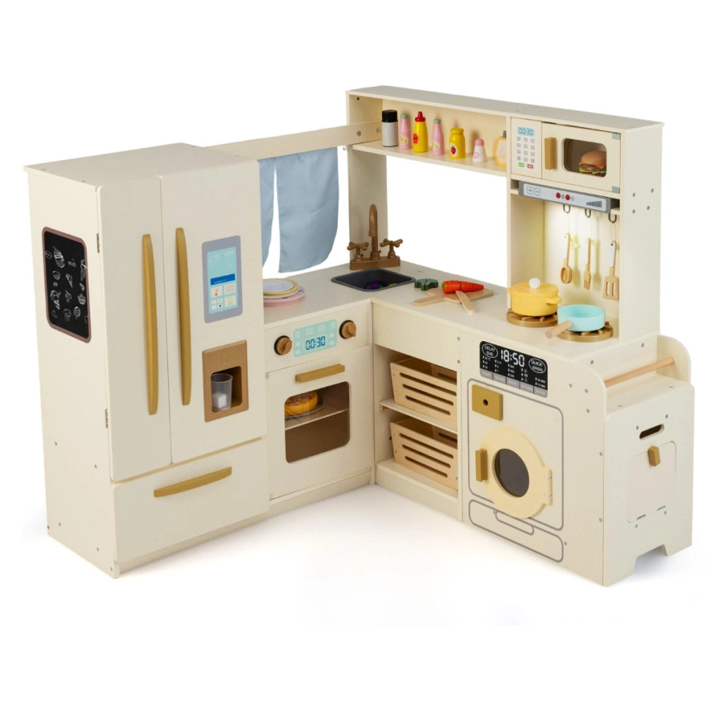 Cucina angolare giocattolo da gioco ad angolo con luci e suoni, Cucina angolare giocattolo set frigorifero a doppia porta Beige-Cucine giocattoli