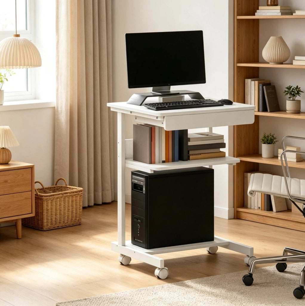 Scrivania per computer bianca con ruote, 56x51x79 cm, con cassetto, ripiano e supporto CPU per ufficio e home office