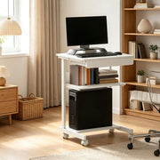Scrivania per computer bianca con ruote, 56x51x79 cm, con cassetto, ripiano e supporto CPU per ufficio e home office