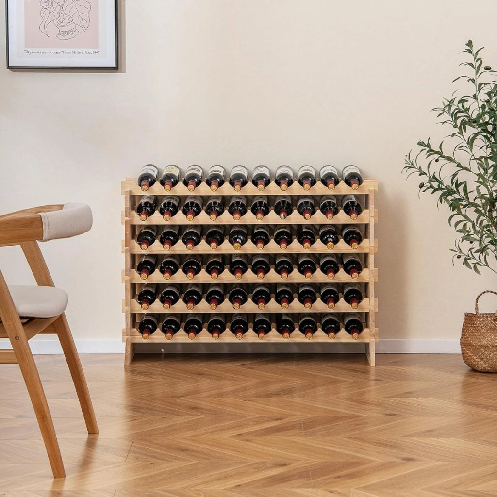 Portabottiglie in legno di pino e scaffale modulari impilabile da 60 bottiglie-Scaffale per 72 bottiglie di vino e scaffale in legno a 6 ripiani
