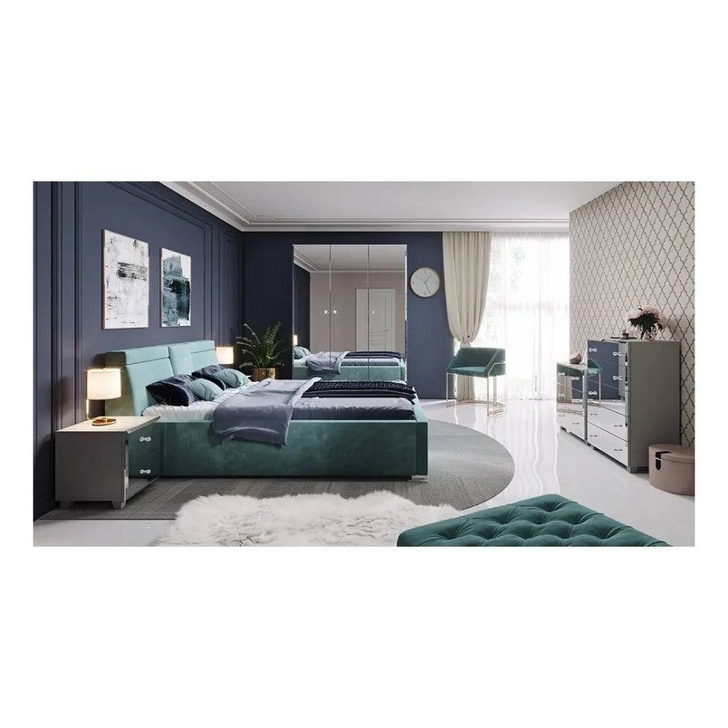 Tavolino da notte LIVORA – 2 cassetti – Grigio e specchi – Design moderno