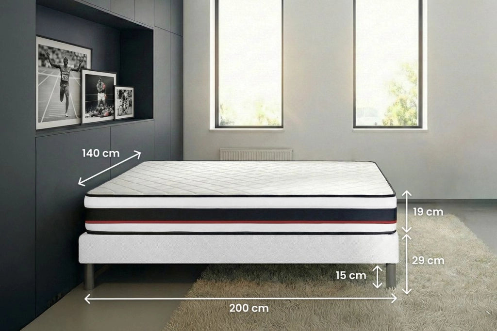 Pacchetto letto completo - Materasso 140x200cm + Box spring con doghe (kit) + 2 cuscini + Piumone - Energy