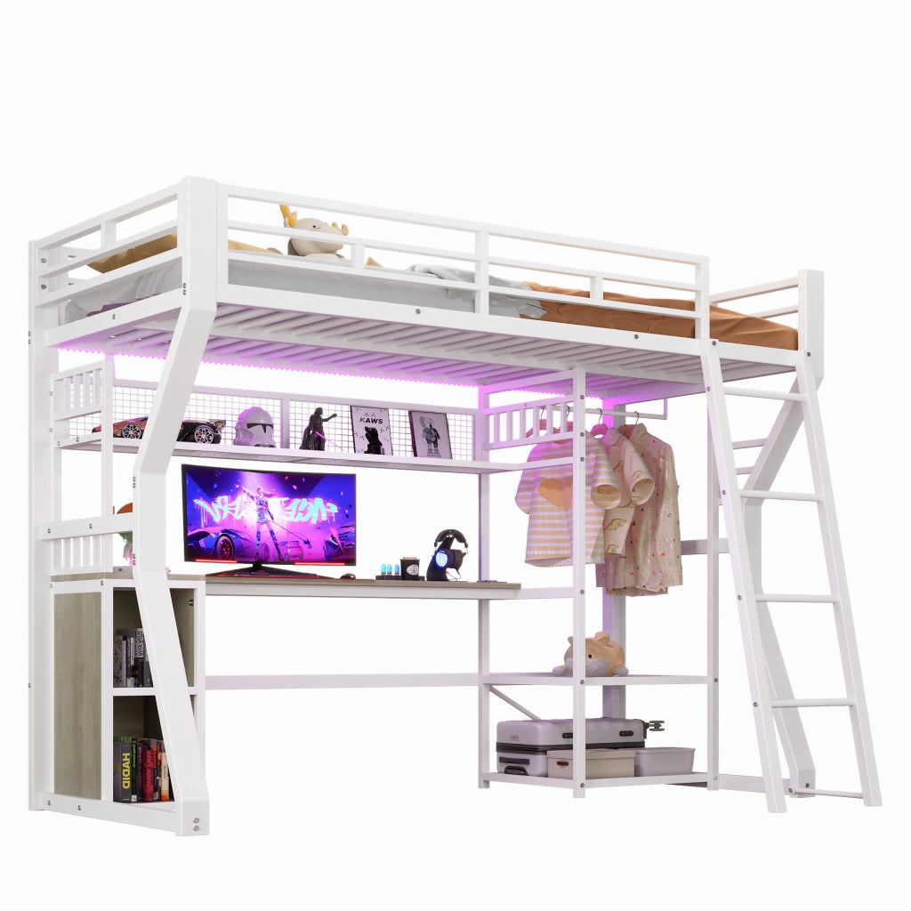 Letto a Soppalco con Scrivania e LED ¨C MINIMAL ¨C Bianco 90x200 Metallo