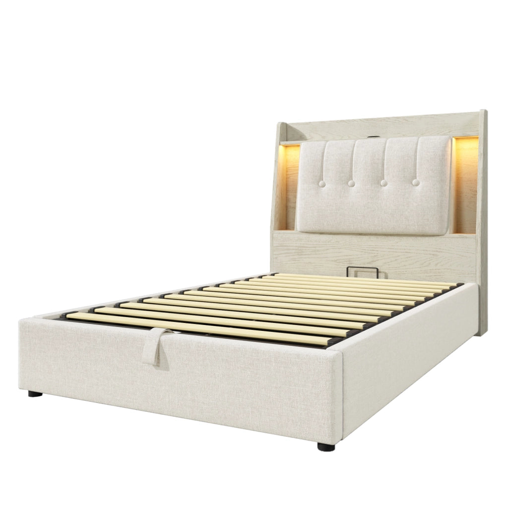 Letto imbottito 90x200 cm con contenitore; USB e USB-C; LED; lino beige