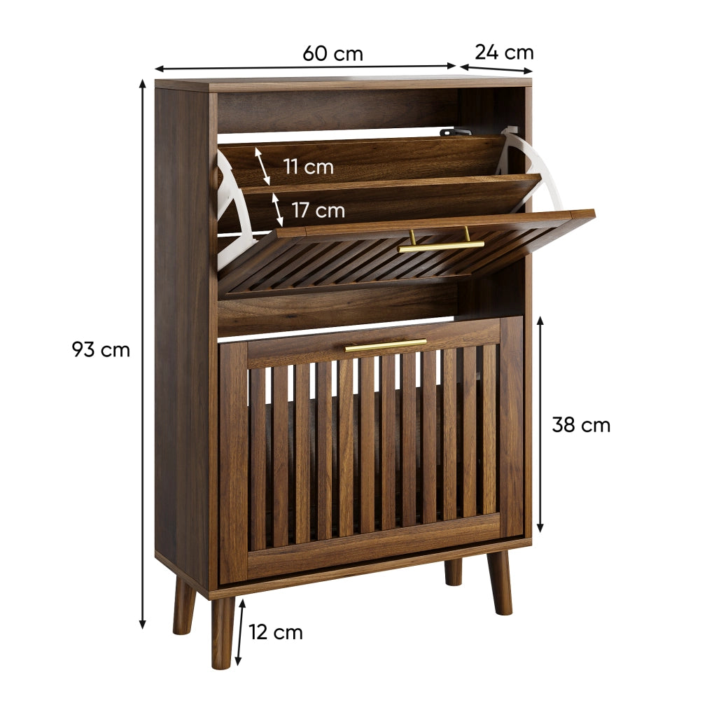 Scarpiera da ingresso 60 cm in finitura noce; stile country con due ribalte e ripiani