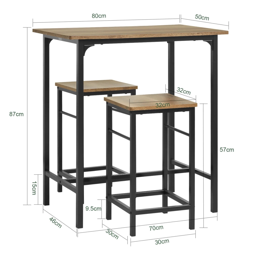 Set 3 Pezzi Tavolo con 2 sgabelli Mobile Bar per casa Stile Industriale Grigio, L80*P50*A88cm, Marrone OGT10-PF