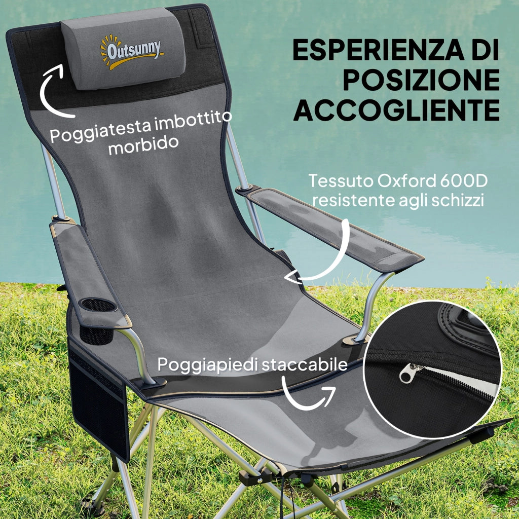 Set 2 Sedie Pieghevoli da Pranzo con Poggiapiedi e Portabicchieri ¨C zephmum ¨C Grigio 82x50/100x88 cm