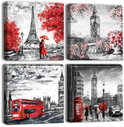Stampi da Parete su Tela - Eiffel Tower/Big Ben - 30 x 30 cm - 4 Pezzi - Con Cornice - Decorazione per Camera da Letto/Soggiorno