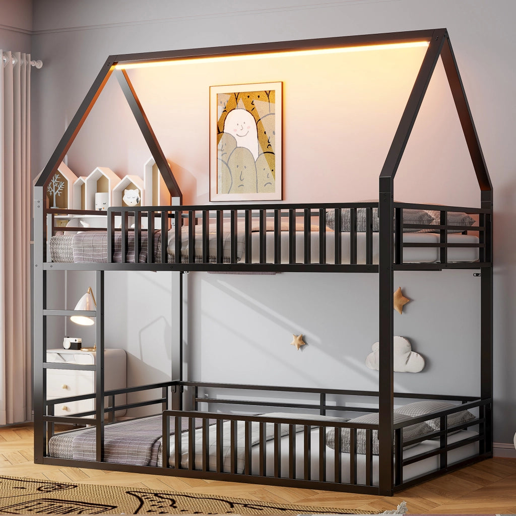 LETTO A CASTELLO 140x200 cm Nero in metallo con LED e 2 pacchi