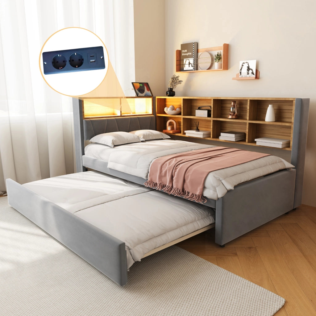 Divano letto multifunzionale 90x200 cm con letto estraibile 90x190 cm, LED, prese, vano contenitore, flanella grigio scuro