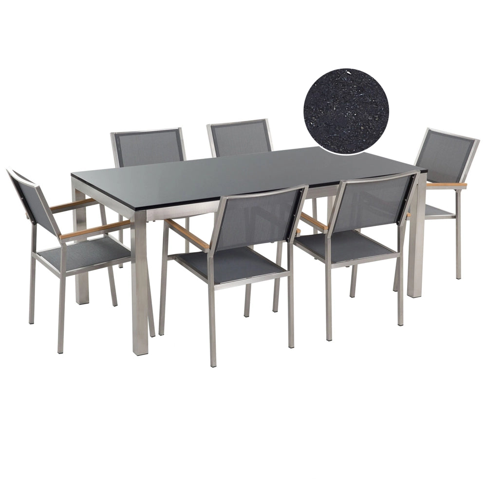 Set da pranzo da giardino grigio con piano in granito Nero 6 posti 180 x 90 cm