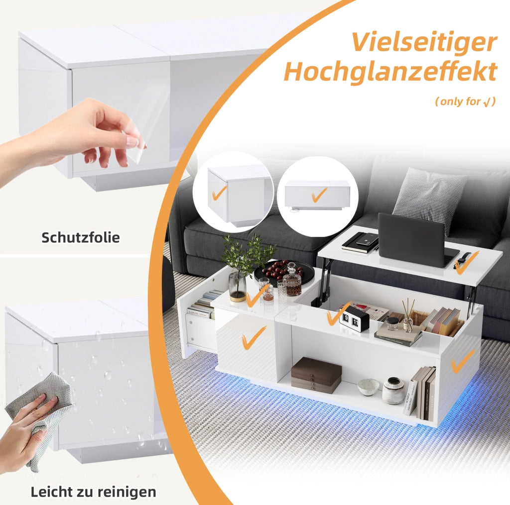 Tavolino da caffè alzabile con vano nascosto; cassetto e LED Bluetooth 100x50x40 cm bianco