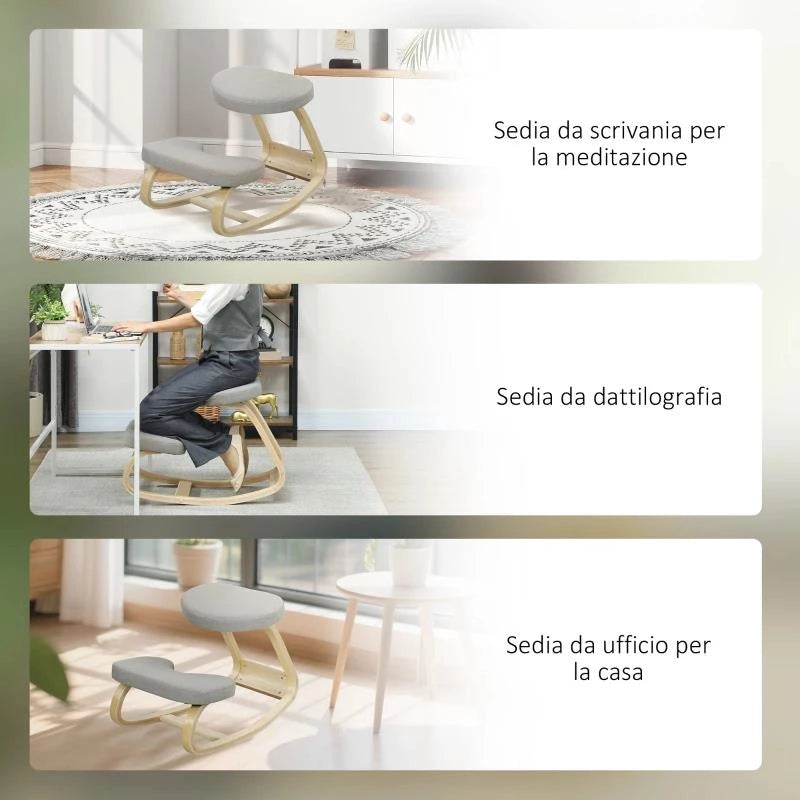 SEDIA INGINOCCHIATOIO CON MOVIMENTO A DONDOLO, IN TESSUTO E LEGNO DI BETULLA, 50X73X55 CM, GRIGIO