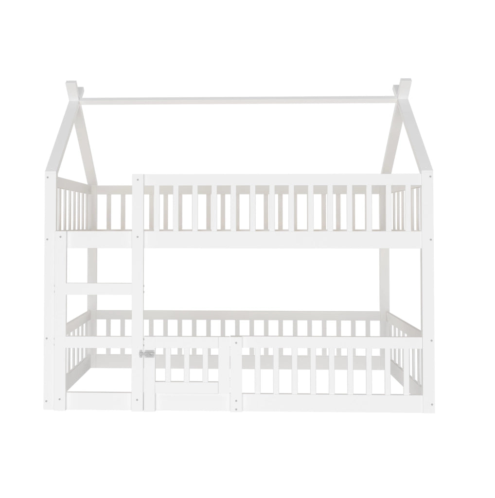 Letto a castello per bambini con scala integrata; porta e protezioni; 90×200 cm; bianco