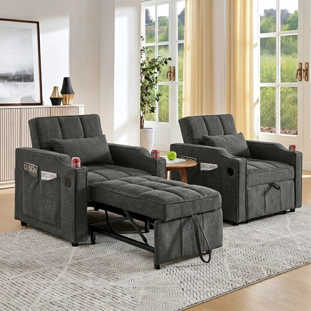 Fauteuil convertible 3 in 1 con funzione letto schienale regolabile a 3 posizioni USB e USB-C in tessuto grigio scuro