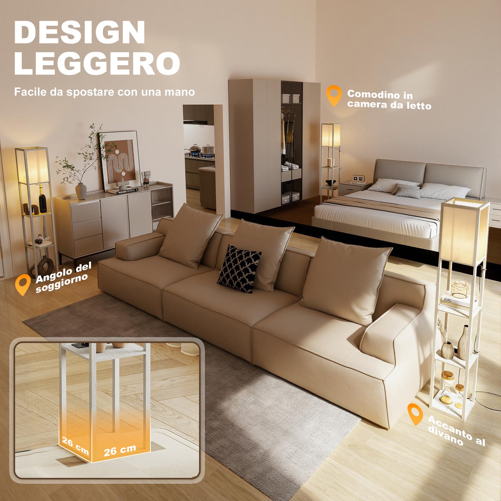 Lampada da Terra 26x26x160 cm Struttura con Ripiani Luce Regolabile Interruttore a Pedale e Porte USB in MDF Bianco e