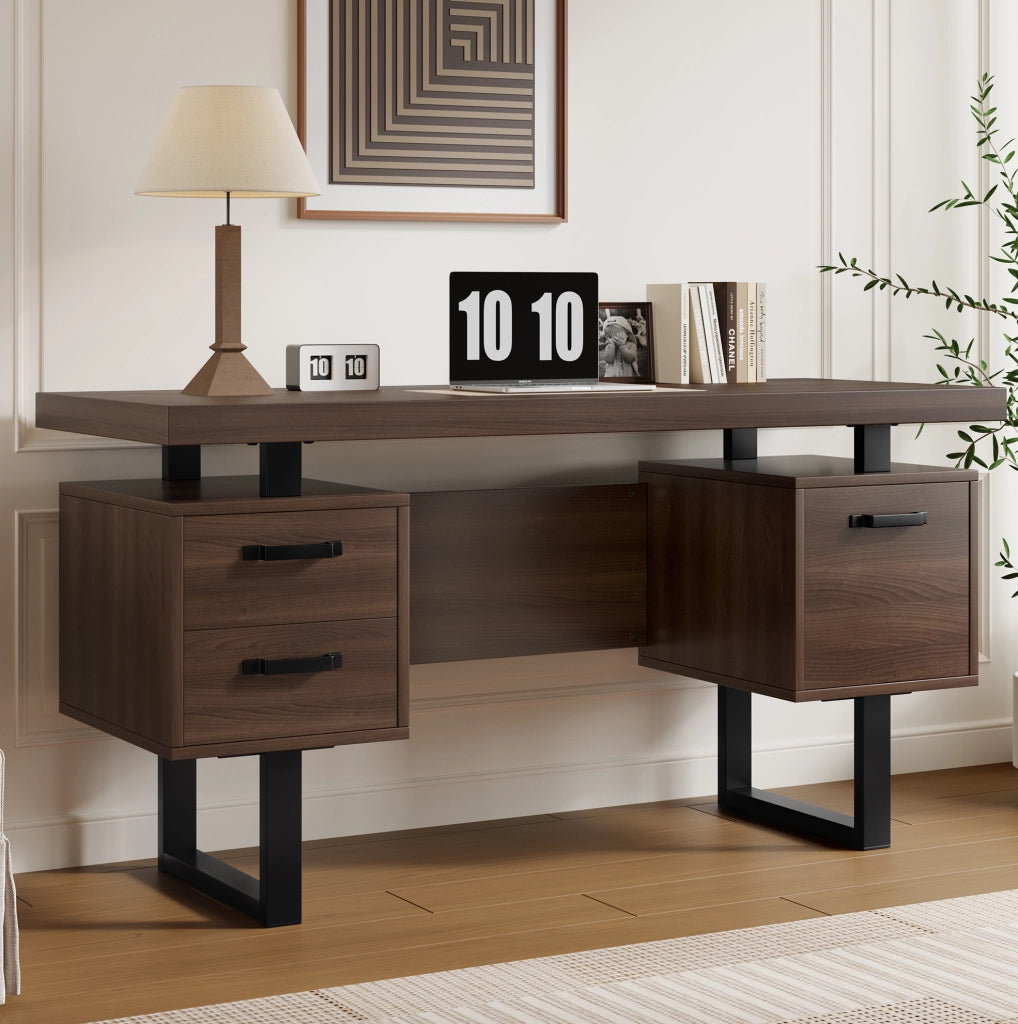 Scrivania 135x54 cm in MDF e acciaio， marrone， con contenitore e cassetti silenziosi