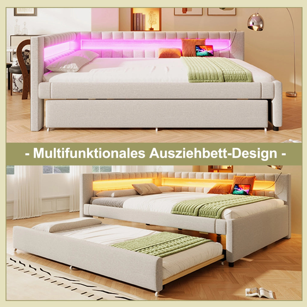 Letto da giorno estraibile 140x200 cm beige con LED e USB-C