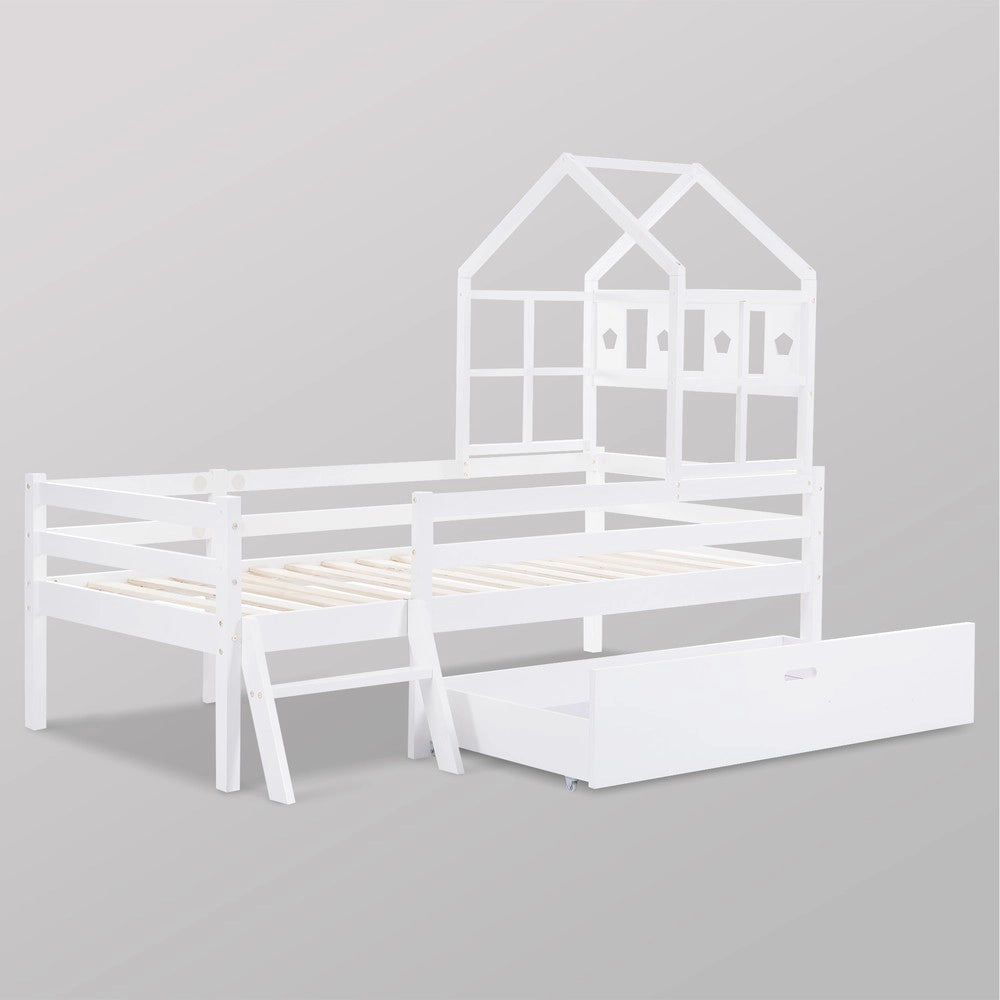 Letto a Soppalco Bambini in Legno Massello con Scala e Cassetti ¨C Xylo ¨C Bianco 90x200