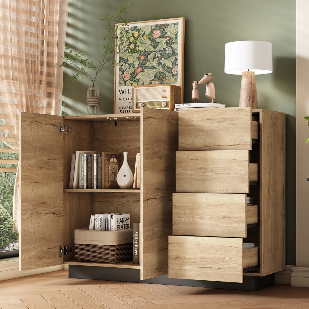 Credenza con 2 Ante e 4 Cassetti; Apertura a Pressione; Stile Moderno; in Pannello Truciolare; 120??35;5??90;5 cm; Nero e Naturale