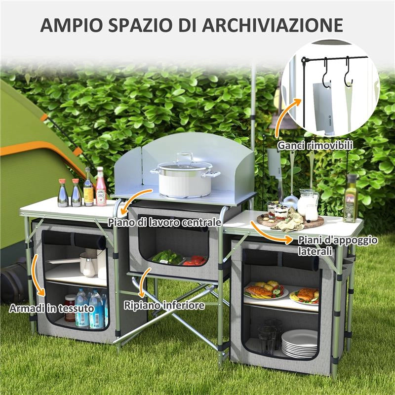 CUCINA DA CAMPEGGIO PIEGHEVOLE A 3 PIANI CON 5 RIPIANI INTERNI E 4 GANCI 172X48X119 CM GRIGIO E ARGENTO
