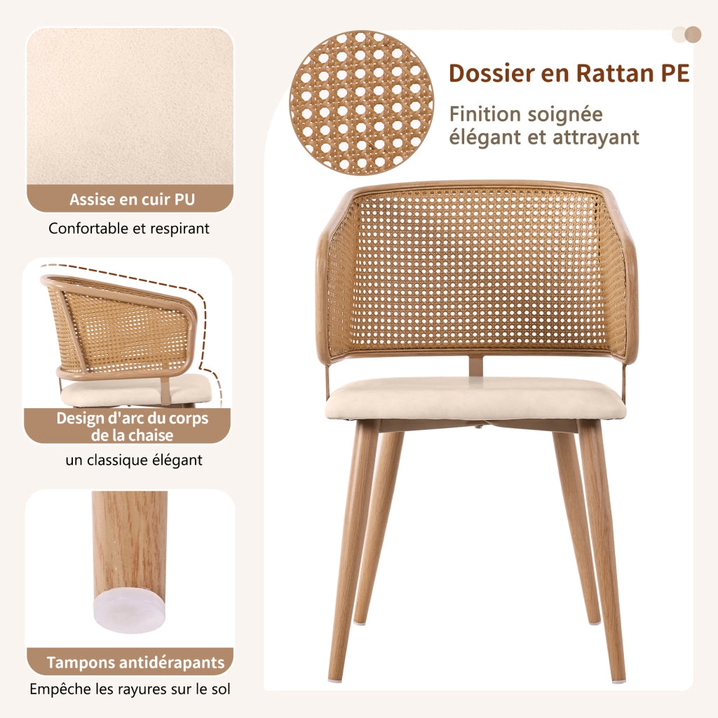 Sedie da Pranzo con Schienale in Rattan ¨C MINIMAL ¨C Seduta in Ecopelle, Moderne, Set 4 Pezzi