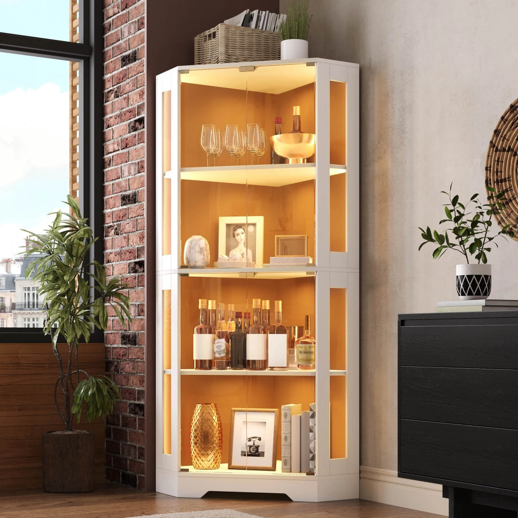 Credenza alta in MDF e vetro con LED RGB, 40x40x165 cm, vetrina con 4 ante e ripiani regolabili