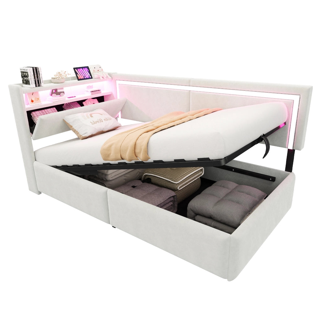 Divano letto 90x200 cm con LED; USB e contenitore idraulico in velluto beige