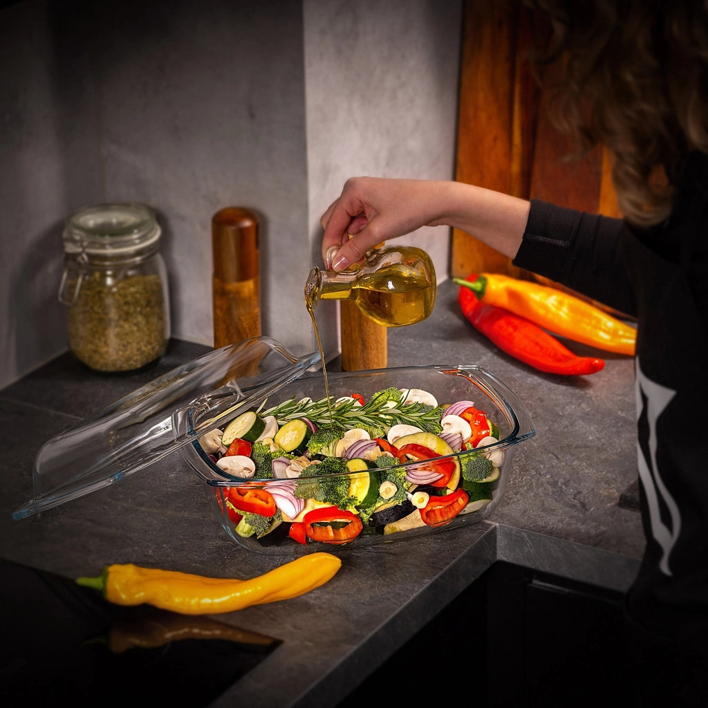 Teglia da forno rettangolare in vetro grande KADAX da 5,8 litri con coperchio