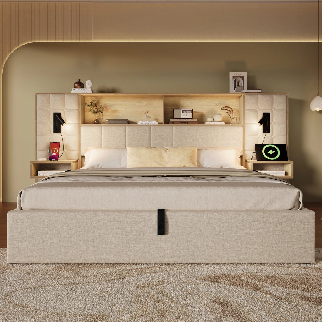 Letto Contenitore 160 x 200 cm; USB; Type-C; 2 Lampade da Lettura e 2 Comodini - Beige