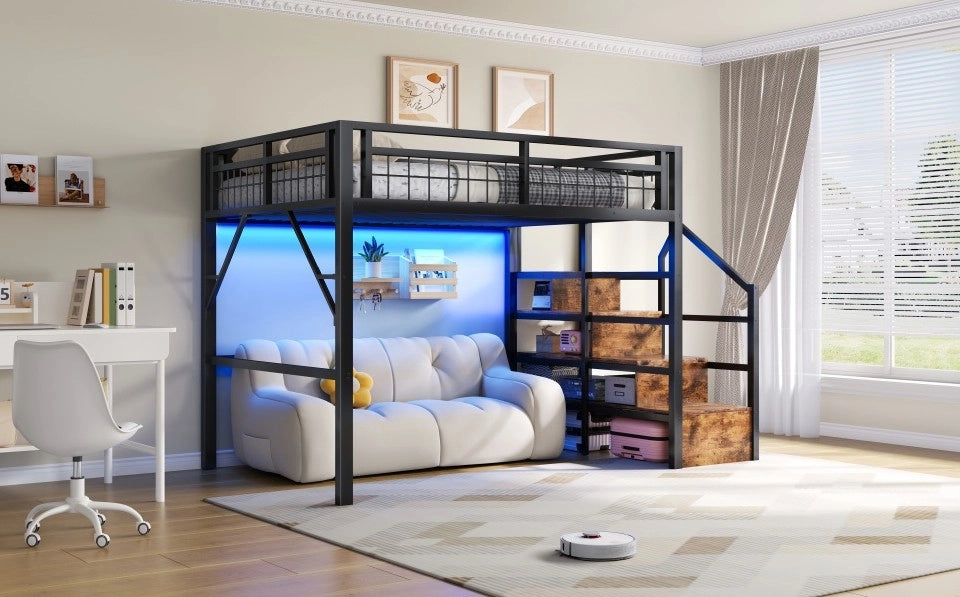 Letto a soppalco 140x200 cm con LED e scale contenitore nero