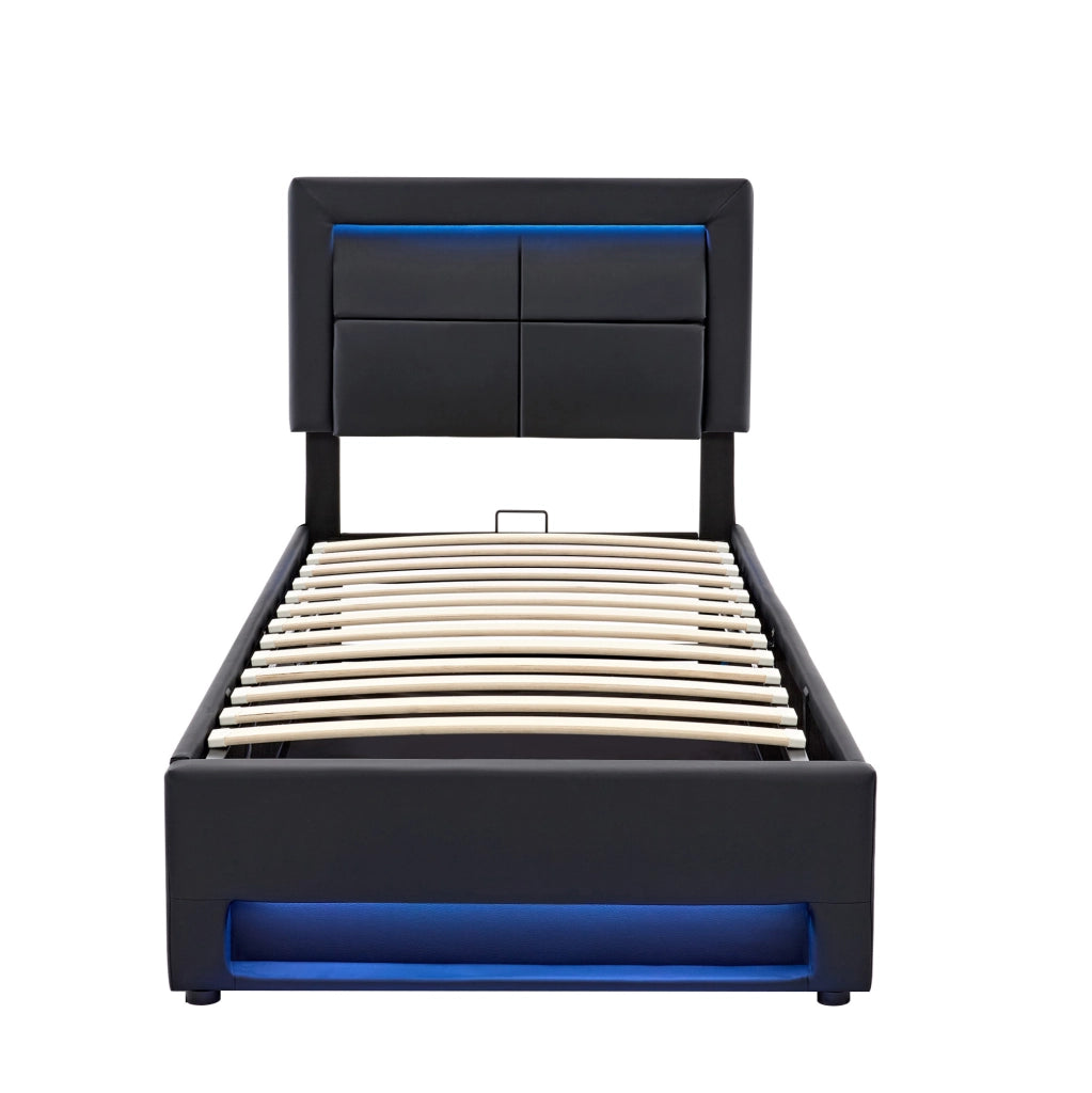 Letto imbottito 90x200 cm in PU nero con USB; LED e contenitore
