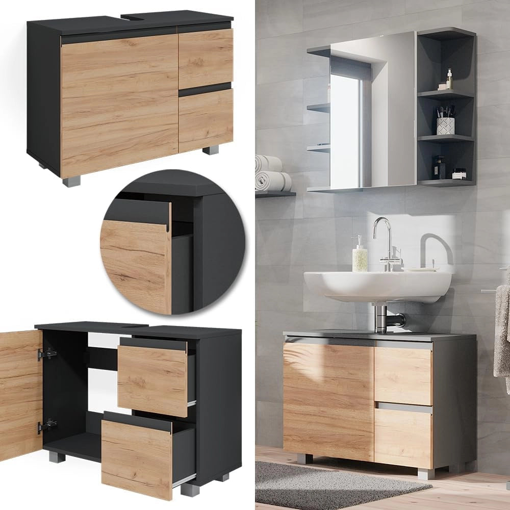 Mobile sottolavabo per bagno J-Shape, Sonoma, 80 x 60.8 cm, con intaglio per sifone per l’installazione sotto il lavandino