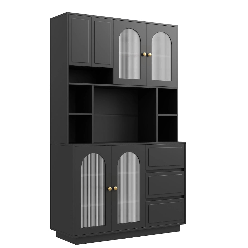 Credenza alta con ante ad arco in acrilico, LED APP e 3 cassetti, per cucina e soggiorno, nero 106 × 30 × 175 cm