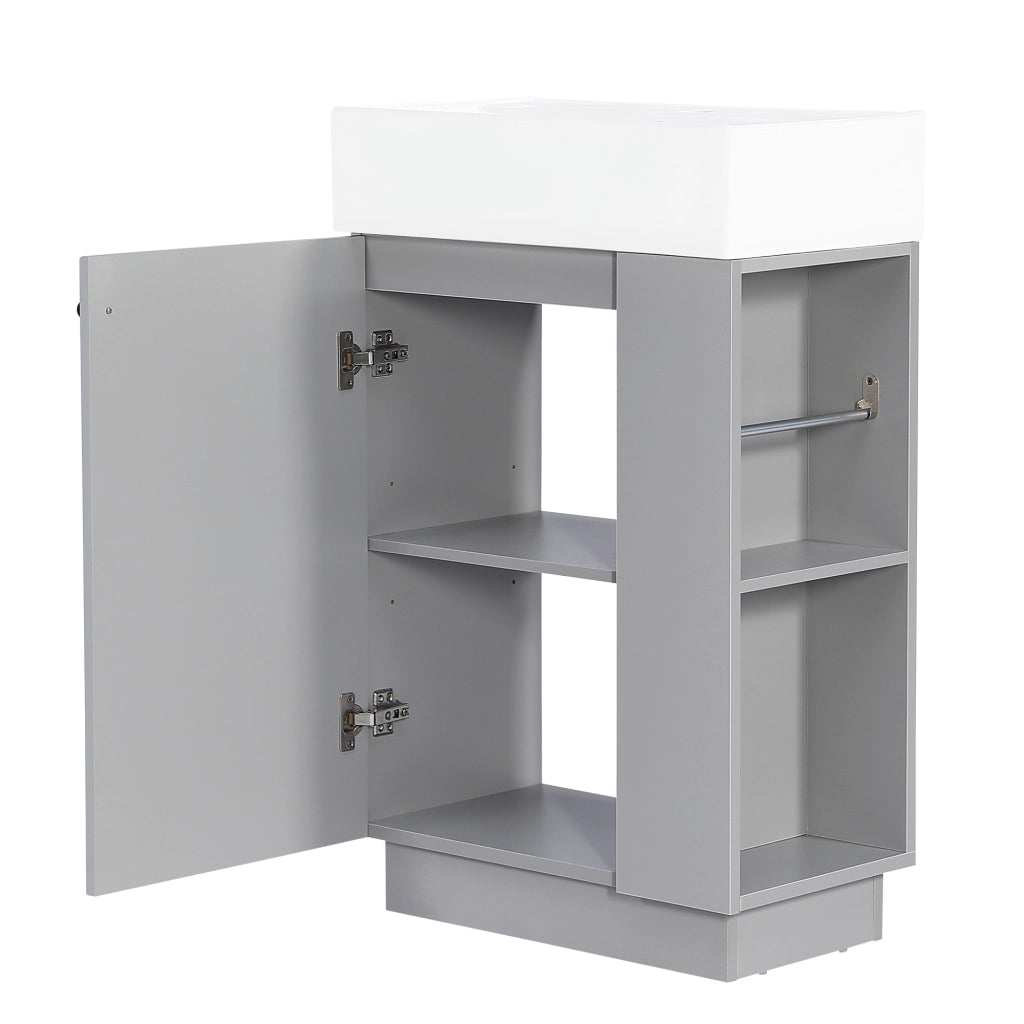 Mobile sotto lavabo 55 cm con lavabo in ceramica, porta carta igienica removibile, finitura grigio MDF, soft-close