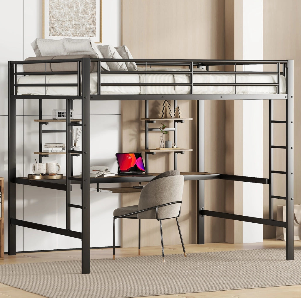 Letto a soppalco 140x200 cm con scrivania e librerie in metallo e MDF nero