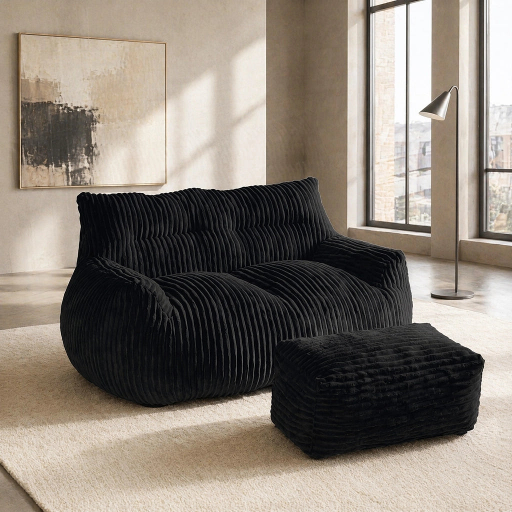 Poltrona pouf grande con imbottitura in memory foam, tessuto effetto peluche nero, seduta ergonomica per soggiorno e camera