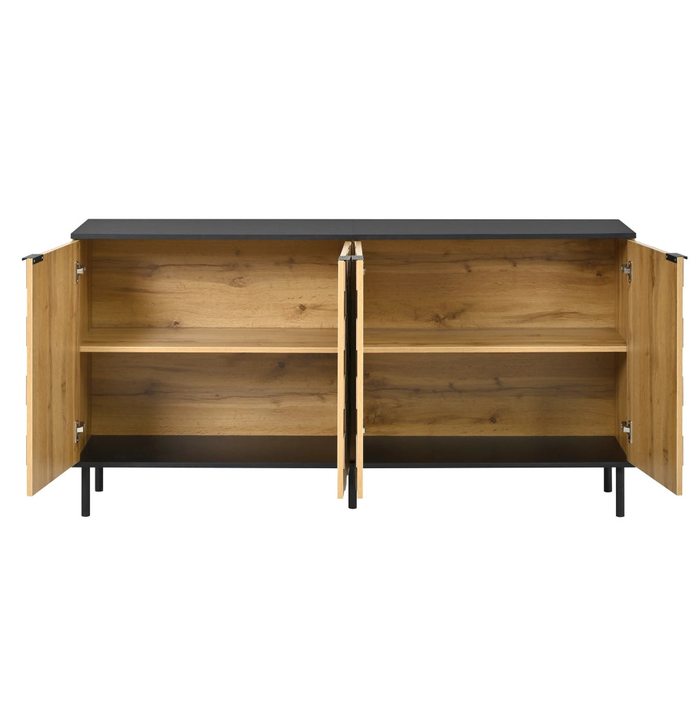 Sideboard 160x35x80.5 cm con 2 ante a mosaico e ripiano fisso in truciolare naturale e nero